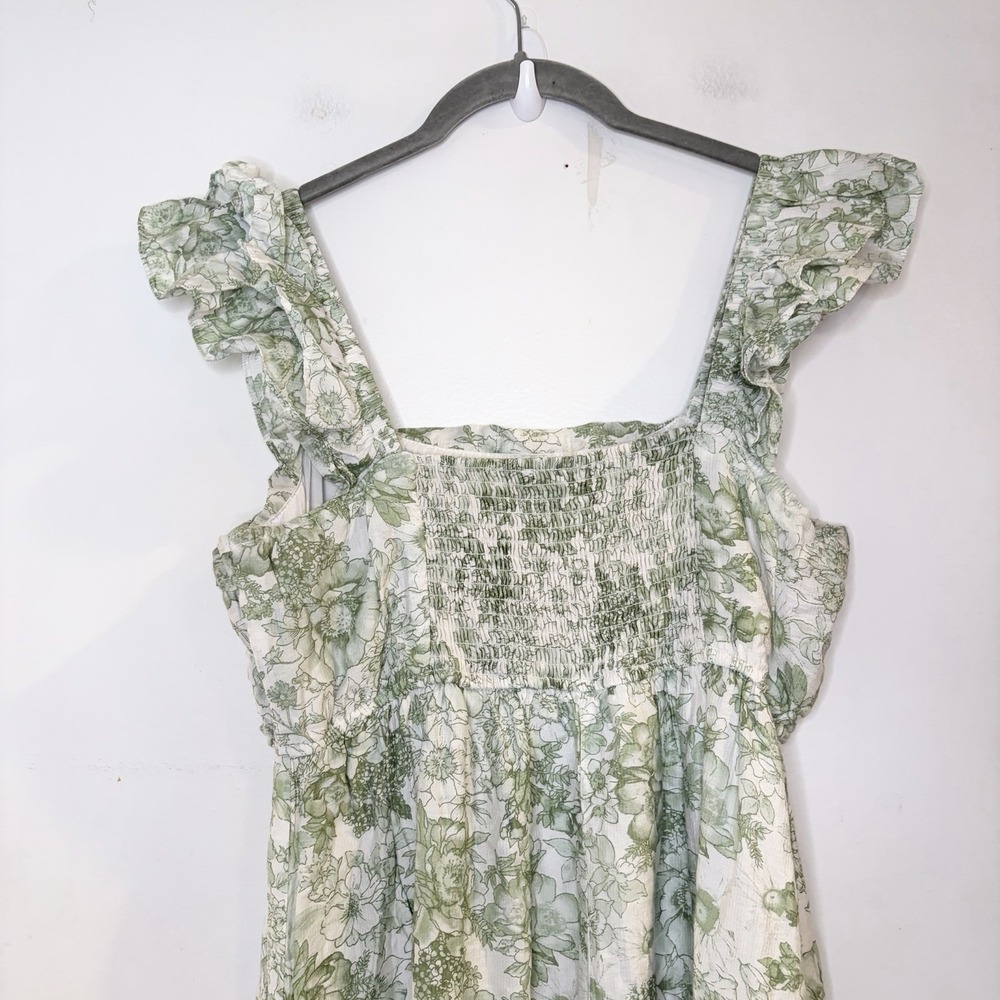 Blu Pepper Green Floral Smocked Ruffle Strap Square Neck Midi Dress Cottage L - Picture 5 of 7